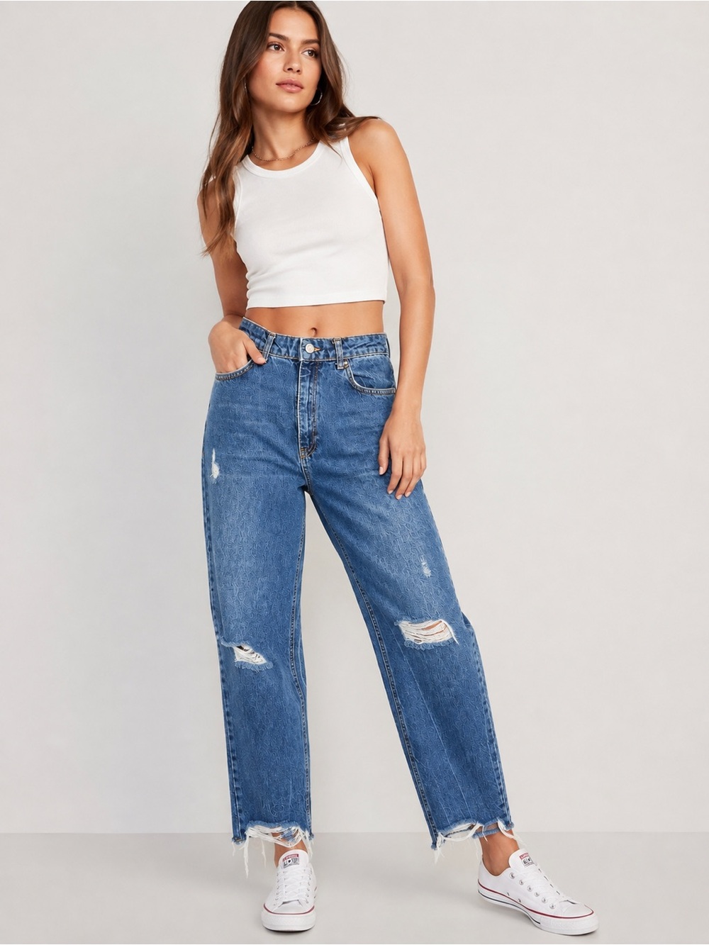 High-Rise Straight-Leg Distressed Jeans in Medium Blue